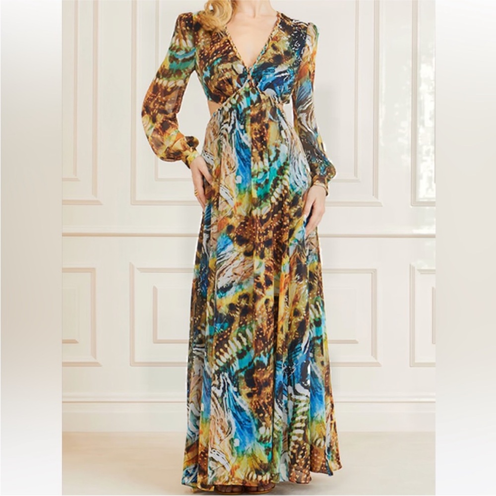 Marciano Multi-Color Brown & Blue Print Maxi Dress
